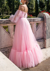 Pink Off the Shoulder Tulle Maxi Prom Dress